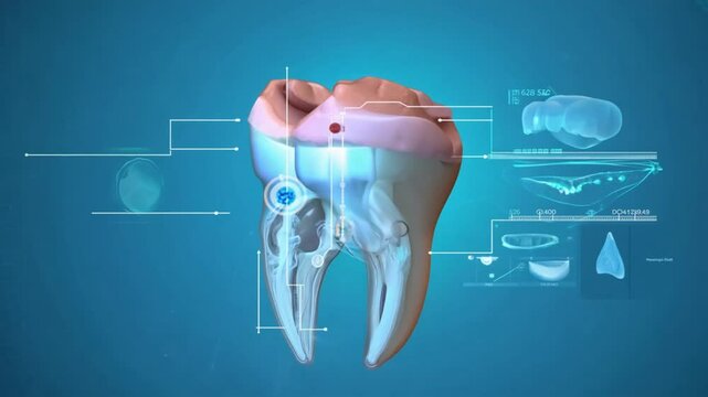 A detailed illustration of a human tooth's anatomy isolated on a light blue background for a medical or dental reference