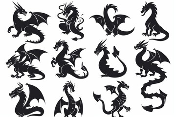Dragons icon silhouette, dino, wyvern symbols, dinosaurs isolated, mythical monster, minimal flat tattoo