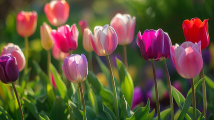 In a picturesque garden, a stunning display of pink and white tulips stands out, their delicate petals creating a harmonious blend of color and elegance. The soft pink hues contrast beautifully.