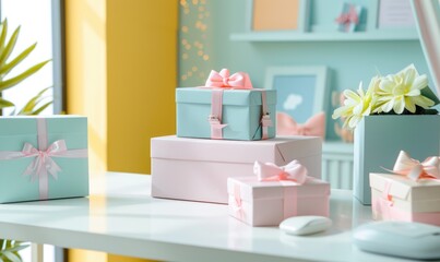White desk with several gift boxes, neutral background, light from window