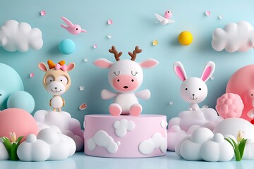 Obraz premium whimsical cartoon scene, cute animal characters, deer with antlers, bunny with pink ears, surrounded by fluffy clouds, pastel colors, pink and blue sky, toy-like setting, 3D rendering style 