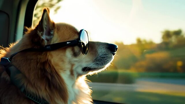 Sunshine car ride with a stylish dog wearing sunglasses