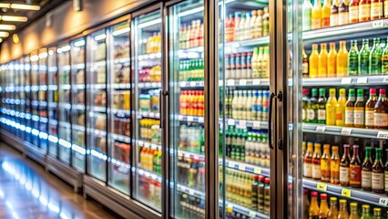 Blurred background of supermarket fridge with bottles of beverages on shelves. Glass showcase, supermarket