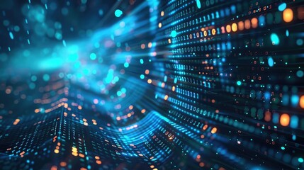 Big data visualization with cyan streams of information and binary code