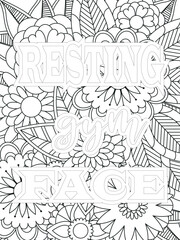 Gym Quotes Flower Coloring Page Beautiful black and white illustration for adult coloring book