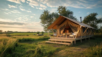 Obraz premium Comfortable luxury tents in a peaceful countryside, ideal for glamping