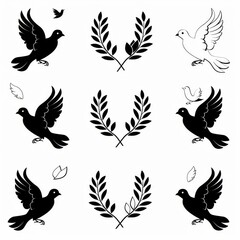 Fototapeta premium Peace dove graffiti, pigeons, twigs ink illustration. Flying birds silhouettes monochrome flat icons