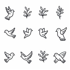 Peace dove graffiti, pigeons, twigs ink illustration. Flying birds silhouettes monochrome flat icons