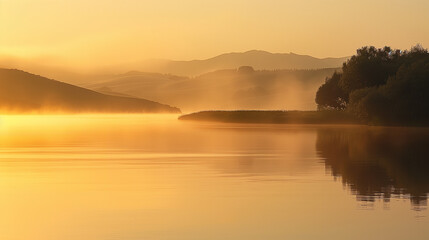 As the sun rises over the tranquil river, its golden rays paint the sky in hues of orange, pink, and purple, casting a mesmerizing glow on the water's surface.