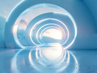 Obraz premium A stunning futuristic scene of a sci-fi tunnel with glowing blue arcs, bathed in sunrise light, reflecting on a shiny surface. perfect for digital backgrounds or conceptual designs.