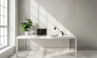 Modern home office design, tablet on minimalist desk, neutral background