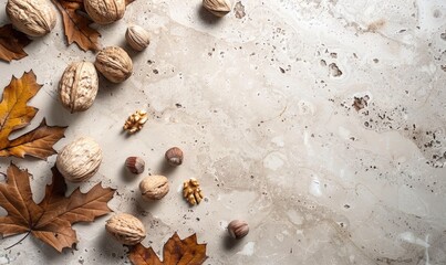Fototapeta premium Top view of a beige stone countertop, autumn leaves and nuts