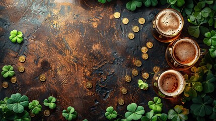 st patrick day concept top view wooden desk table,beer gold coins leprechauns hat.illustration