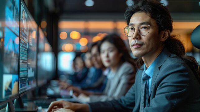 Modern Professionals in Virtual Business Meeting, Technology Integration Concept. Copyspace on Left.