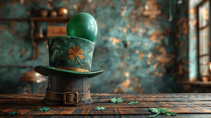 green leprechauns hat,shamrock,balloon on wooden table.stock photo