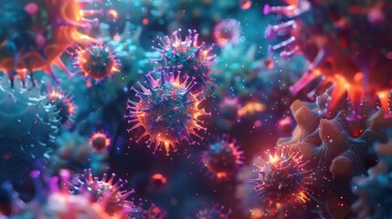 Fototapeta premium Colorful, high-resolution image of microscopic viruses and cells, showcasing the intricacies of biology and the microscopic world.