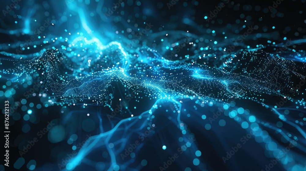Poster futuristic data streams with abstract cyan lines and particles