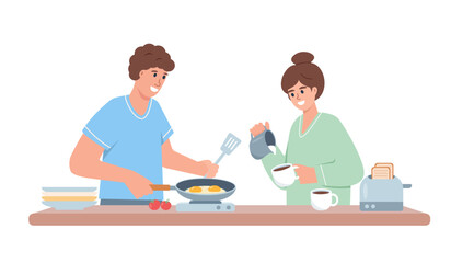 Happy man and woman cooking breakfast. Couple of Characters and healthy food concept. Vector illustration isolated on white background.