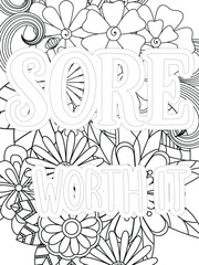Gym Quotes Flower Coloring Page Beautiful black and white illustration for adult coloring book