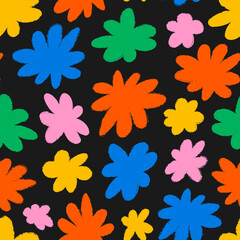 Seamless pattern with abstract crayon flowers. Floral vector flat background. Hand drawn charcoal colorful naive print