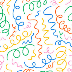 Seamless pattern with chaotic squiggly colorful crayon lines. Vector outline background. Abstract curly and quirky charcoal doodles