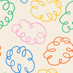 Naive squiggly crayon doodles. Seamless pattern with abstract colorful quirky lines. Vector outline colorful charcoal line art background