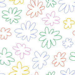 Cute seamless pattern with colorful crayon daisy flowers. Vector outline background with charcoal floral doodles