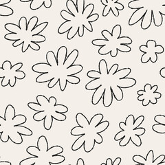 Fototapeta premium Abstract seamless pattern with cute crayon flowers. Vector outline floral background in naive style