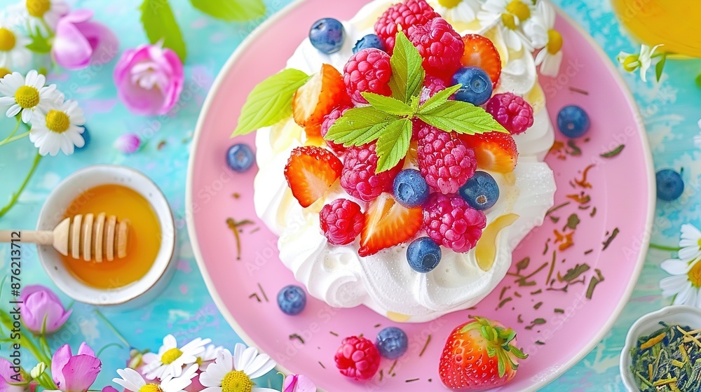 Poster close-up of a cake on a plate with flowers and a cup of tea beside it