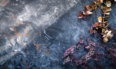 Top view of a dark granite countertop with autumn herbarium