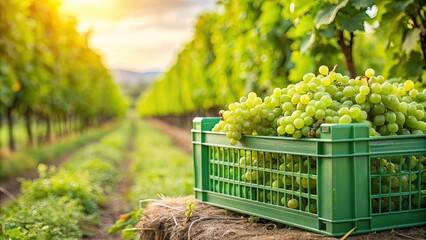 Green plastic crate filled with fresh grapes in a lush vineyard setting, grapes, vineyard, harvest, agriculture, green, plastic crate