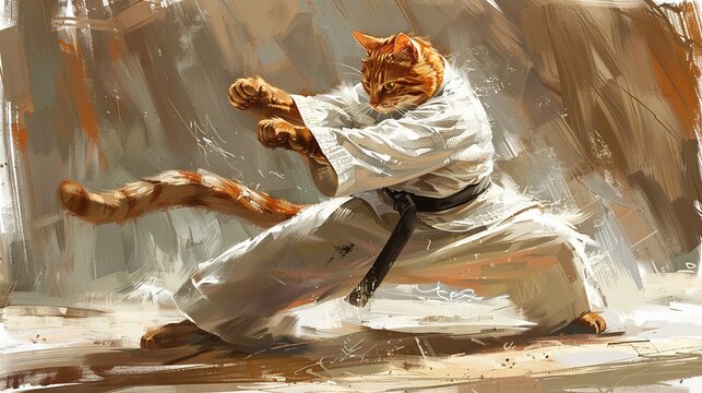 funny karate cat, the animal practices martial arts. Concept: humorous poster, invitation to sports clubs
