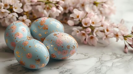 Fototapeta premium top view stylish blue easter eggs,flowers on marble table happy easter greeting card.stock image