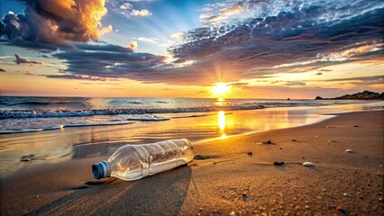 Plastic bottle waste on beach with sunset sky background, highlighting pollution and recycling concept , plastic, bottle, waste
