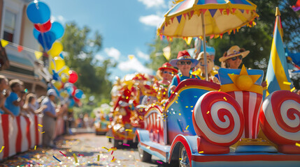 A community parade with floats and participants celebrating Labor Day with copy space