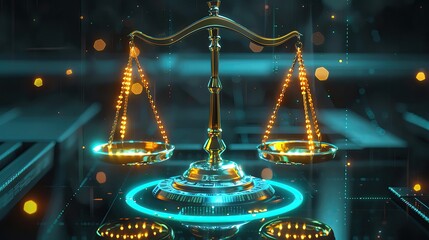 Futuristic digital scales of justice representing modern law and technology concept with glowing lights and electronic background.