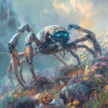 Exploring the Unknown: Futuristic Robotic Crab in Alien Landscape - Sci-fi Digital Painting with Cool Tones of Extraterrestrial World