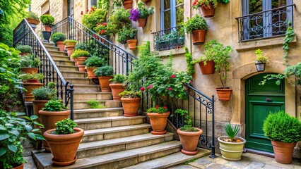 Plants in pots arranged near French home stairs , French, home, plants, pots, stairs, garden, outdoor, decoration, potted
