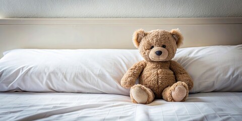 Teddy bear sitting on a neatly made bed , plush, stuffed animal, bedroom, cozy, fluffy, cute, comfort, cuddly, decoration, toy