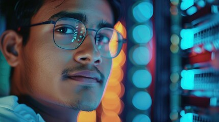 The close up picture of the IT specialist man from south asia is looking at camera and working in the server room, the IT specialist require skill like technology knowledge and data analysis. AIG43.tt