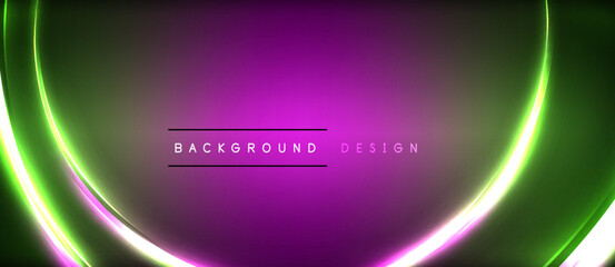 Naklejka premium Neon glowing circle rays, light round lines in the dark, planet style neon wave lines. Energetic electric concept design for wallpaper, banner, background