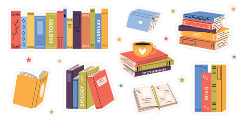 Set of stickers with books and reading. Cute different books, stacks of books, notebooks. Hand drawn educational vector illustration. White isolated background.