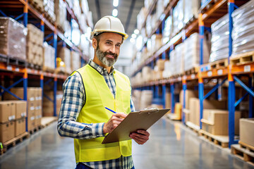 Warehouse worker in a hard hat and safety vest writing on a clipboard.
