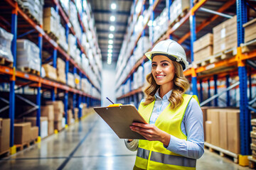 Warehouse worker in hard hat and safety vest holding clipboard smiling at camera
