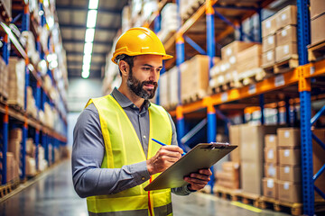 Warehouse worker wearing hard hat and safety vest while taking notes on clipboard