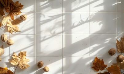 Top view of a white tile countertop, frame of autumn leaves and nuts