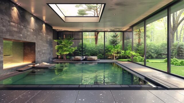 Indoor swimming pool with a skylight and large windows overlooking a green garden