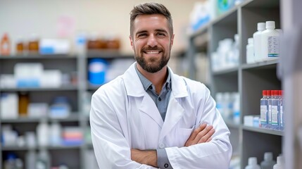 Fototapeta premium Bearded male pharmacist in white coat standing with arms crossed in pharmacy.