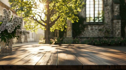 Sunlit Wooden Table in a Tranquil Courtyard