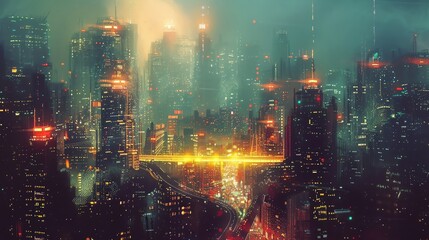 Futuristic cityscape with tall skyscrapers illuminated in neon lights, shrouded in mist, creating an atmospheric and vibrant urban scene.
